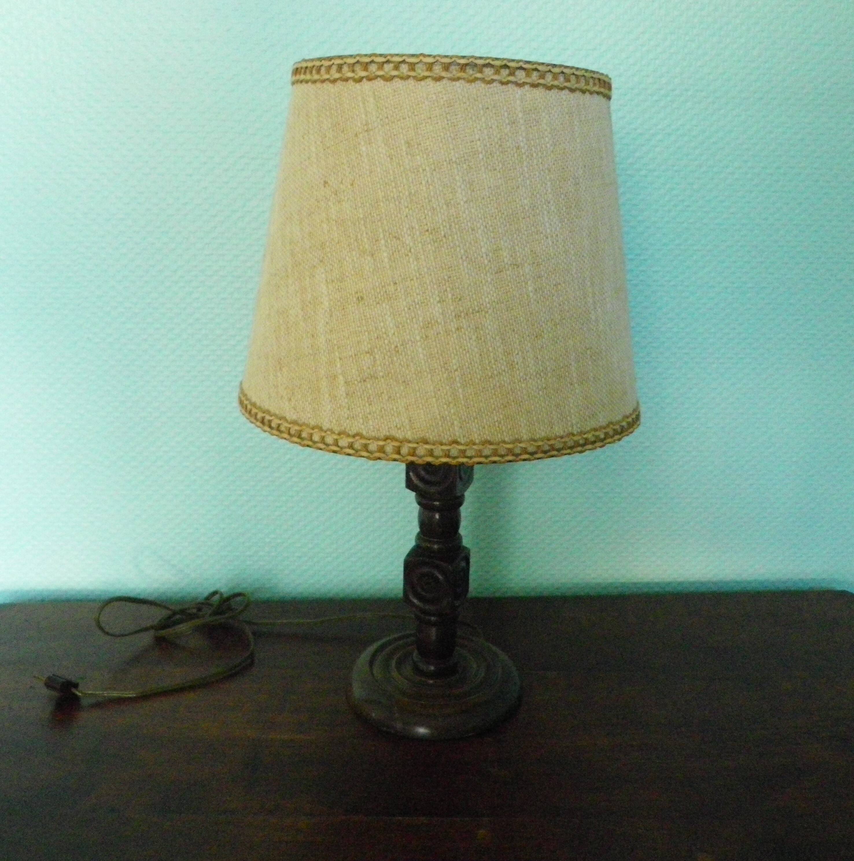 Wooden Desk Lamp with Geometric Design and Fabric Shade, France