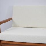 Scandinavian two-seater Sofa, 60's style, teak & white bouclé