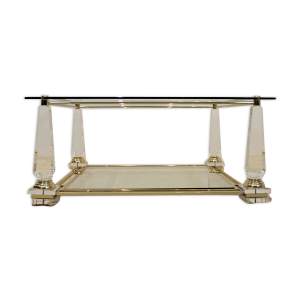 Table basse lucite laiton et verre obélisque années 1970