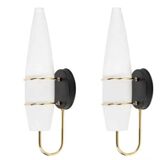 Pair of modernist wall lights in opaline brass white flame 1960 vintage minimalist