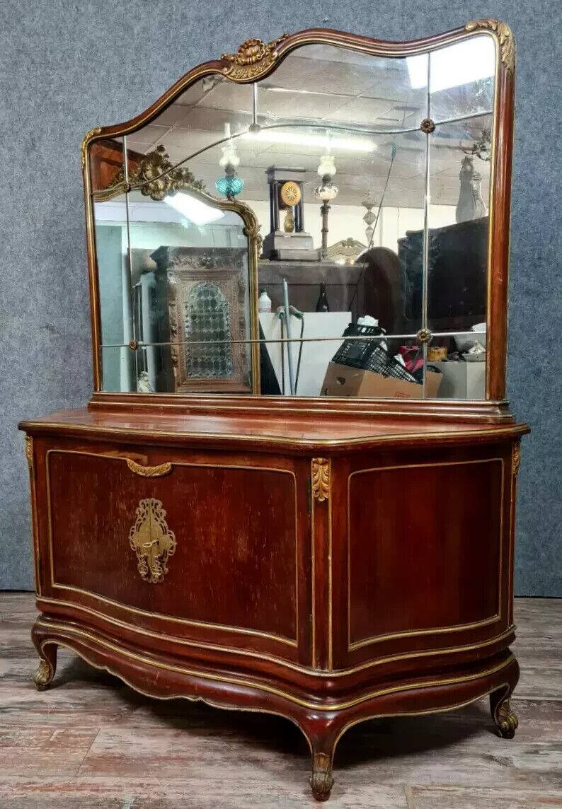 Japanese-style curved door chest of drawers in mahogany and gilded wood sold with its psyche mirror
