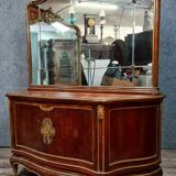 Japanese-style curved door chest of drawers in mahogany and gilded wood sold with its psyche mirror