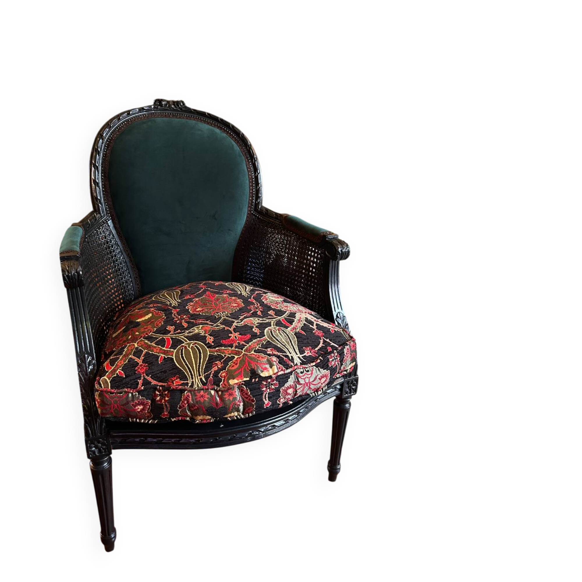 Louis XVI armchair with caning and dark green velvet
