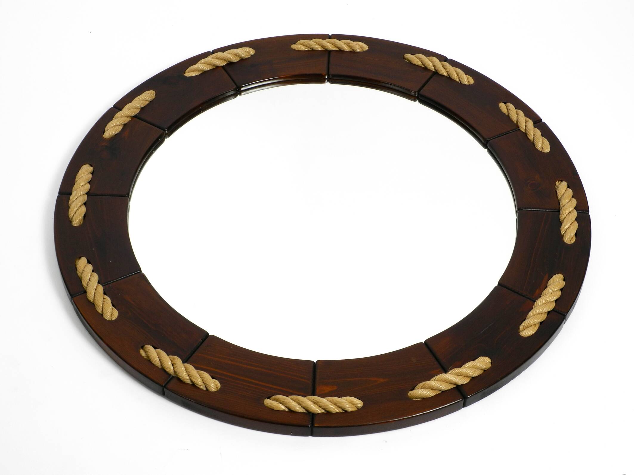 Huge 1970s maritime round pine wood wall mirror from Denmark | ∅ 89cm