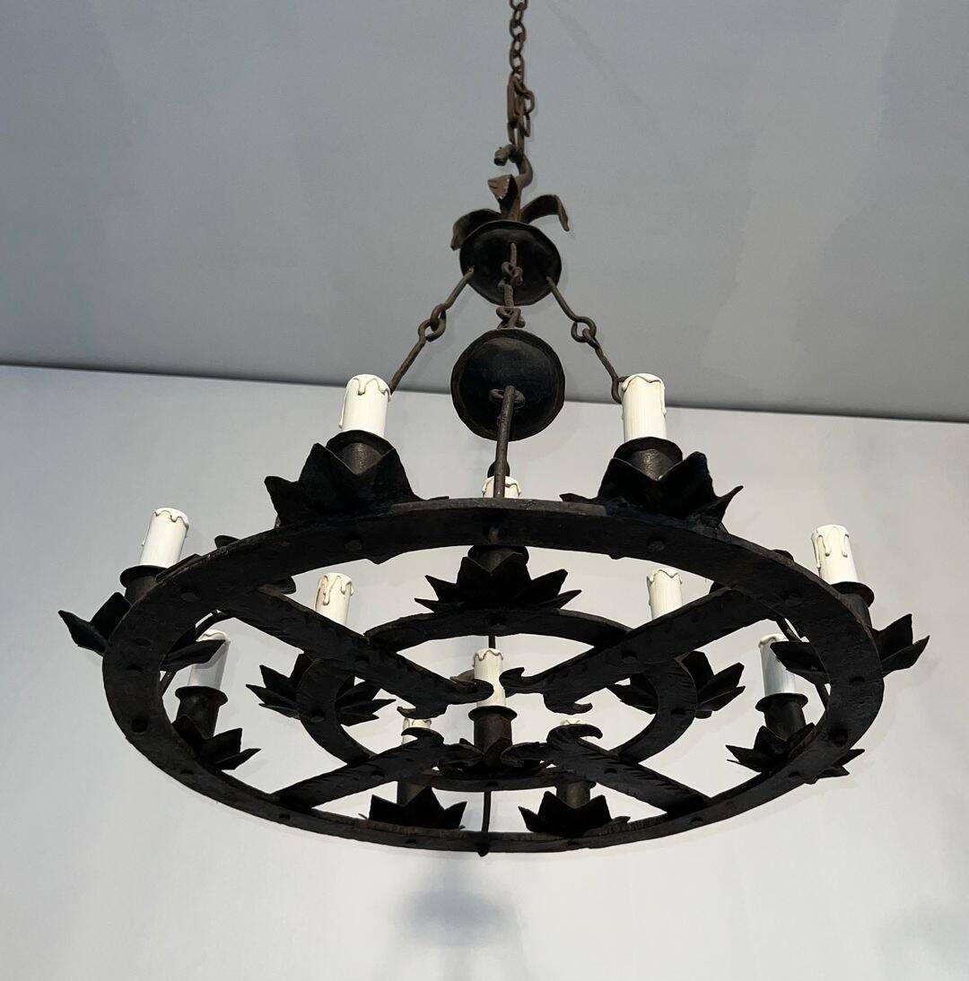 Wrought Iron Chandelier, 12 Lights, Gothic Style, French Work, circa 1