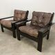 Living room sofa and brutalist armchairs in leather and wood, 70s, chalet style