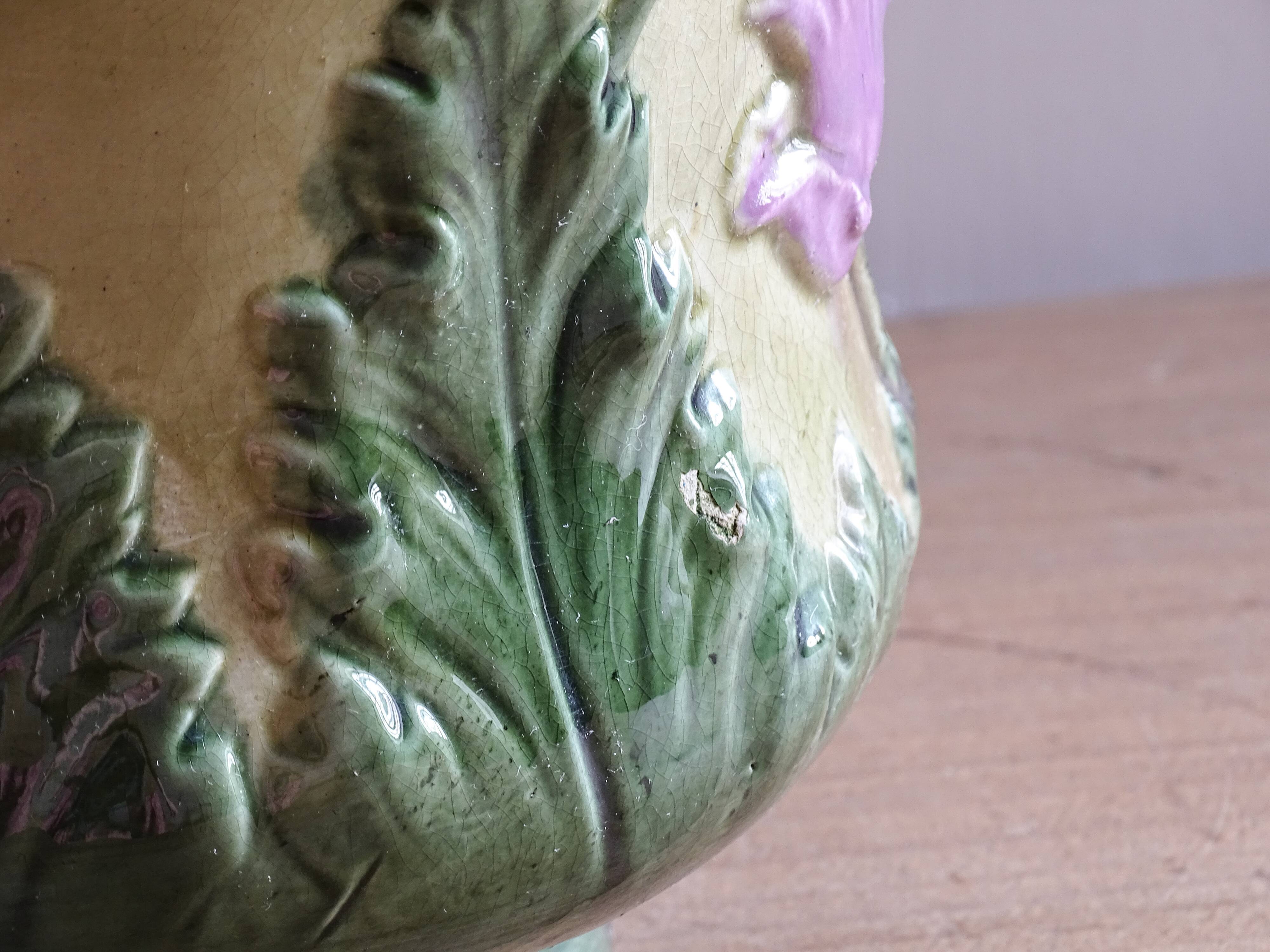 Antique Ceramic Cache Pot with Poppies, Art Nouveau Planter