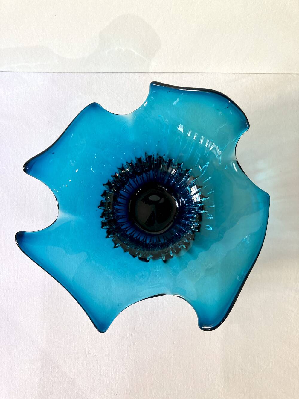 Large blue blown glass fruit bowl