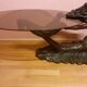 Coffee table, young woman in resin, smoked and beveled glass