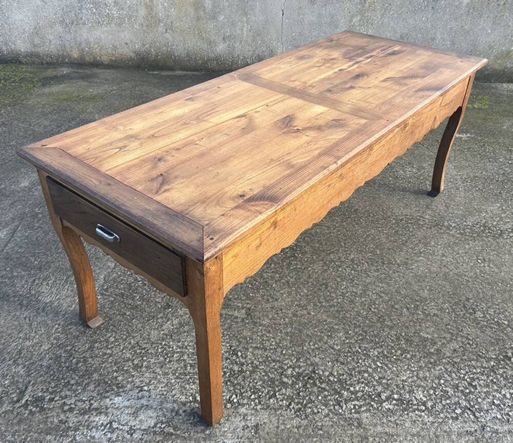 Solid oak farmhouse table, one drawer, vintage, early 20th century.