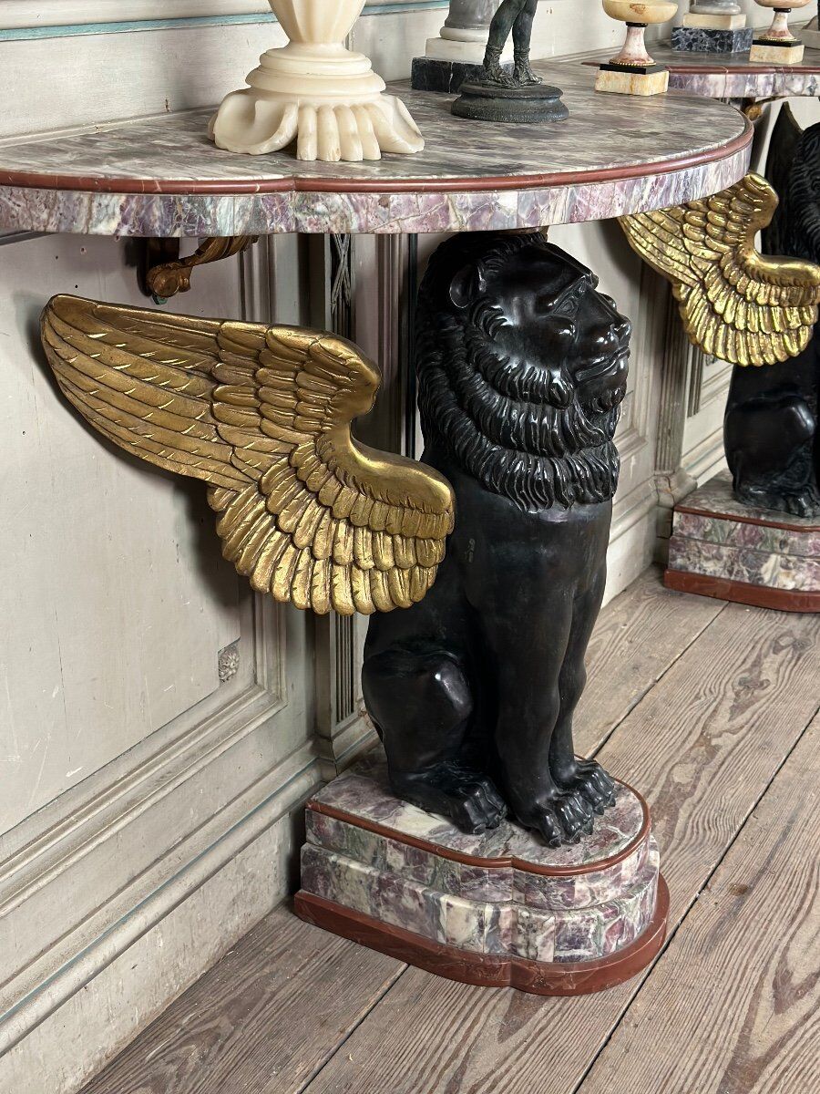 Pair of marble and bronze console tables, Italy, circa 1930