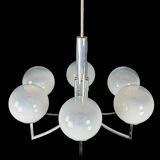 Six arms chandelier in murano glass spheres and chrome. Italy 1960s