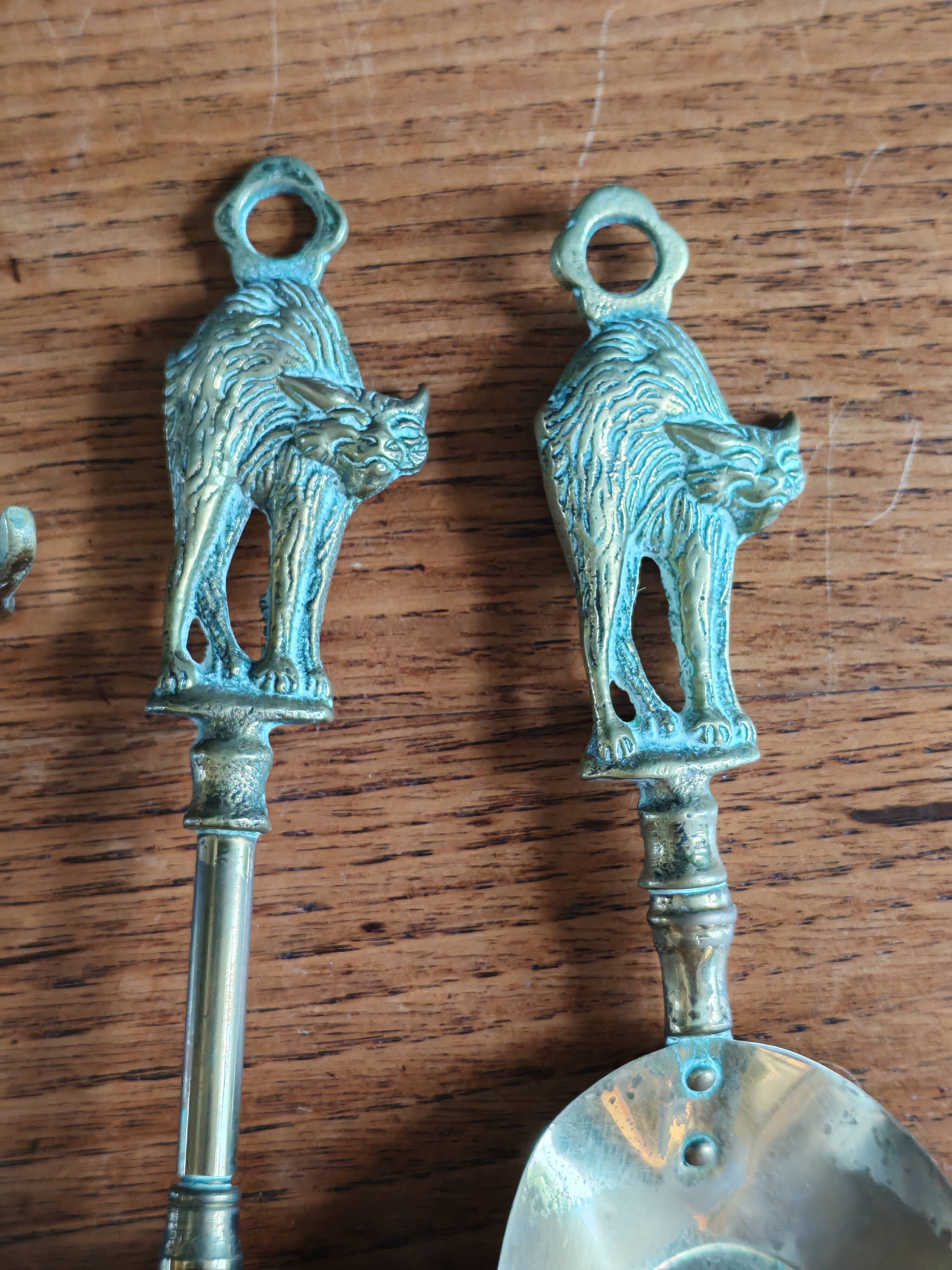 Vintage Brass Fireplace Tools Cat Decor