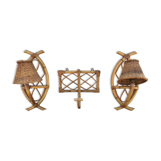 2 wall lights & 1 coat hook in rattan