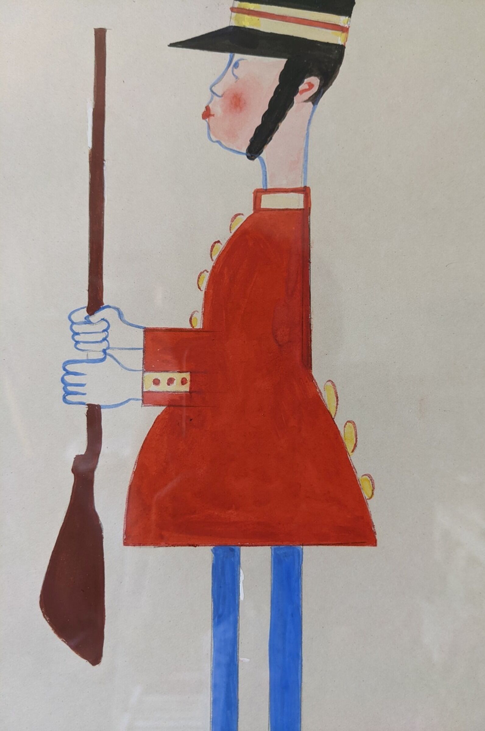 Mid-century modern swedish "The royal guard" vintage figurative watercolor & gouache painting