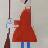 Mid-century modern swedish "The royal guard" vintage figurative watercolor & gouache painting