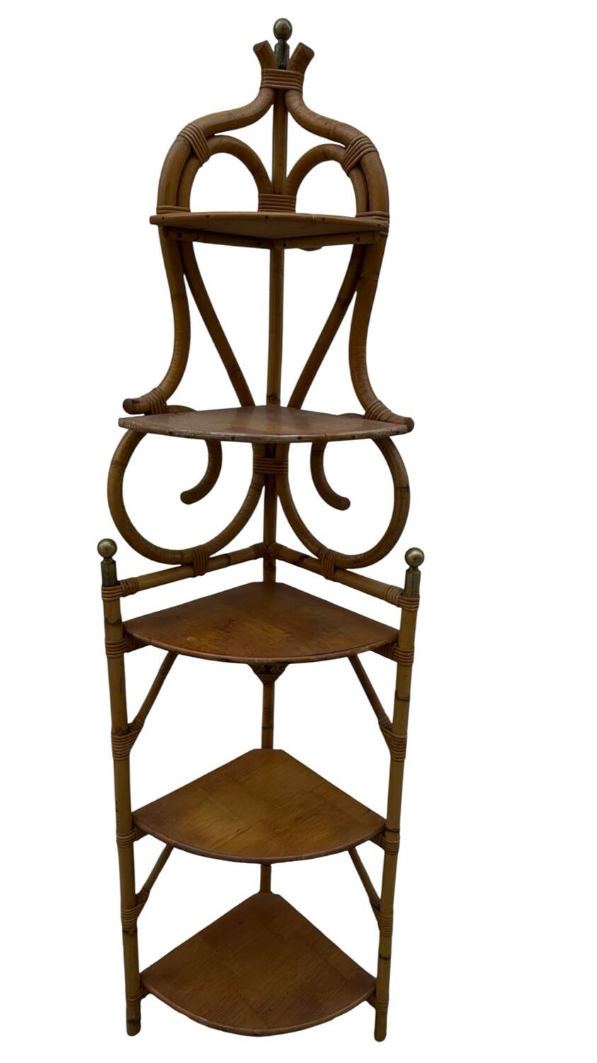 Magnificent 1960s French rattan corner shelf.