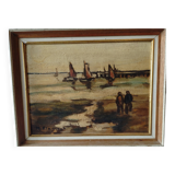 Vintage oil painting “Low tide and sailboats” – M. Florent –