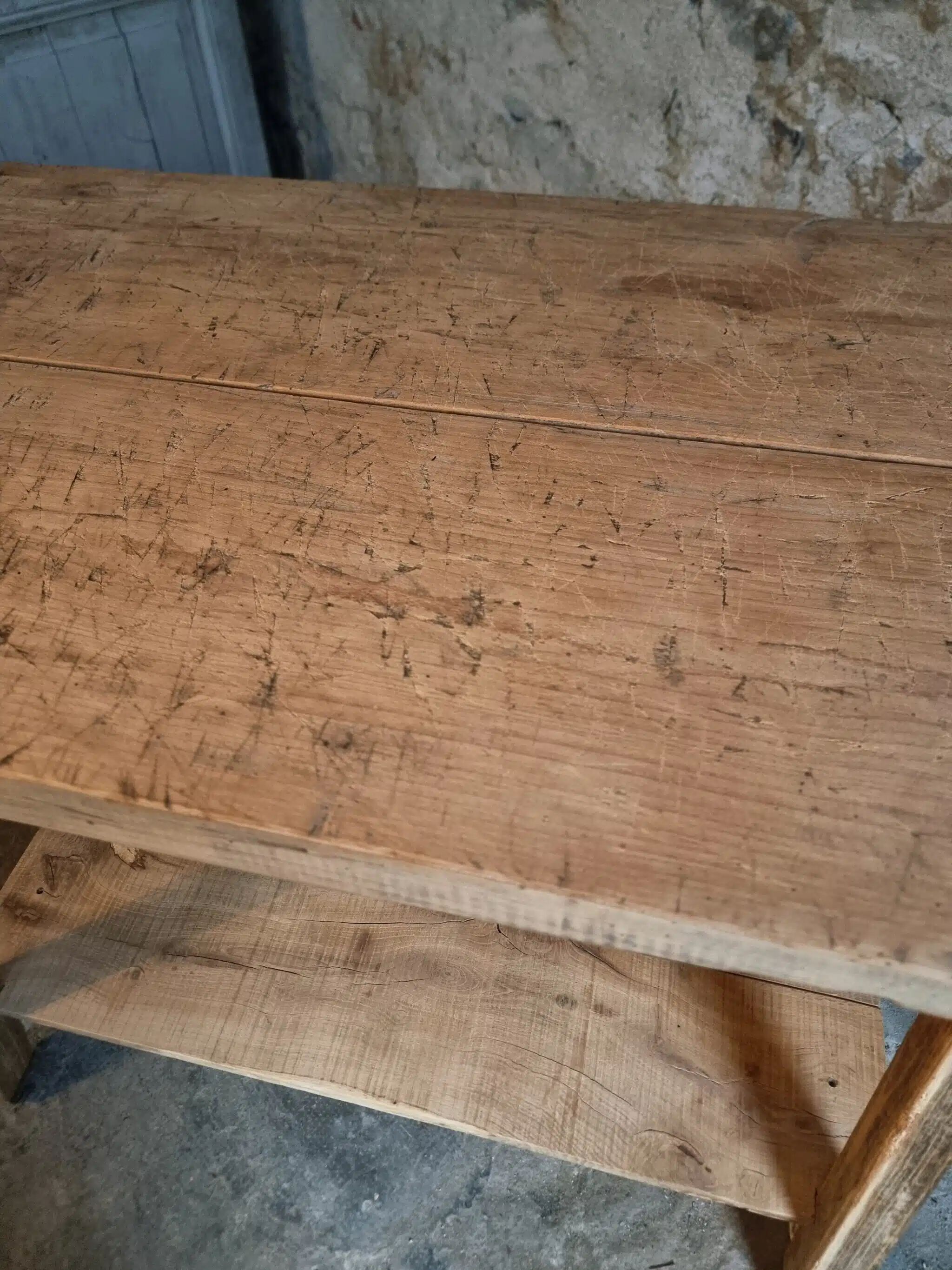 Old French work table / kitchen island / console, beech and chestnut, circa 1930–1950