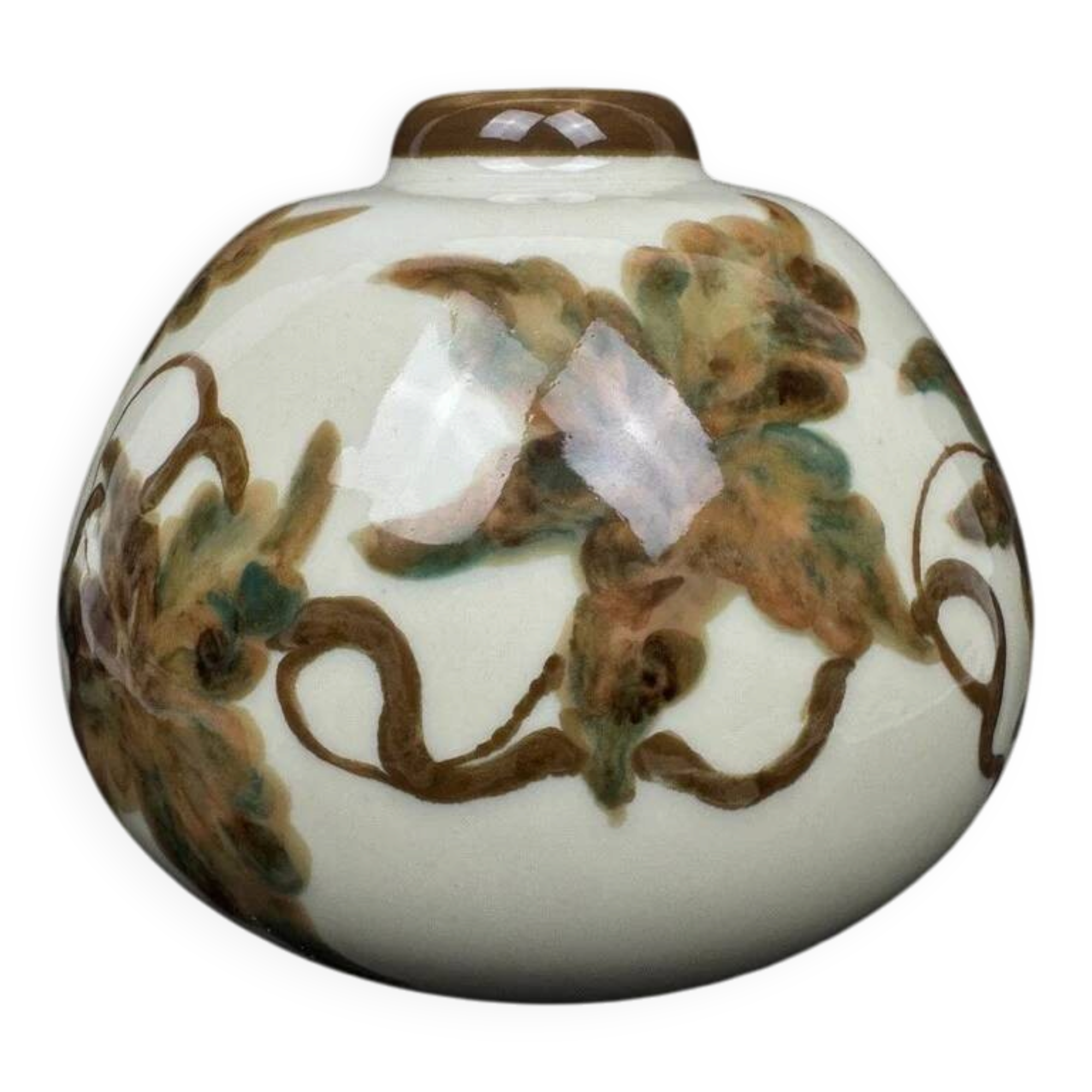 Tharaud Limoges, round vase with hand-painted foliage decoration, Art Nouveau