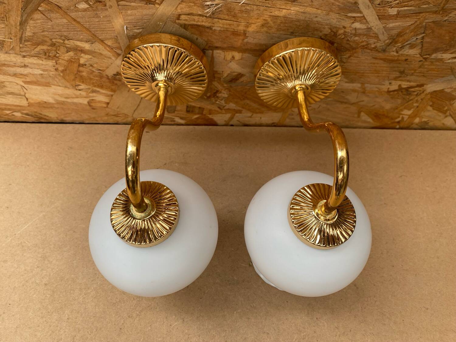 Pair of Antique Wall Lamps in Gold Metal + Vintage White Opaline