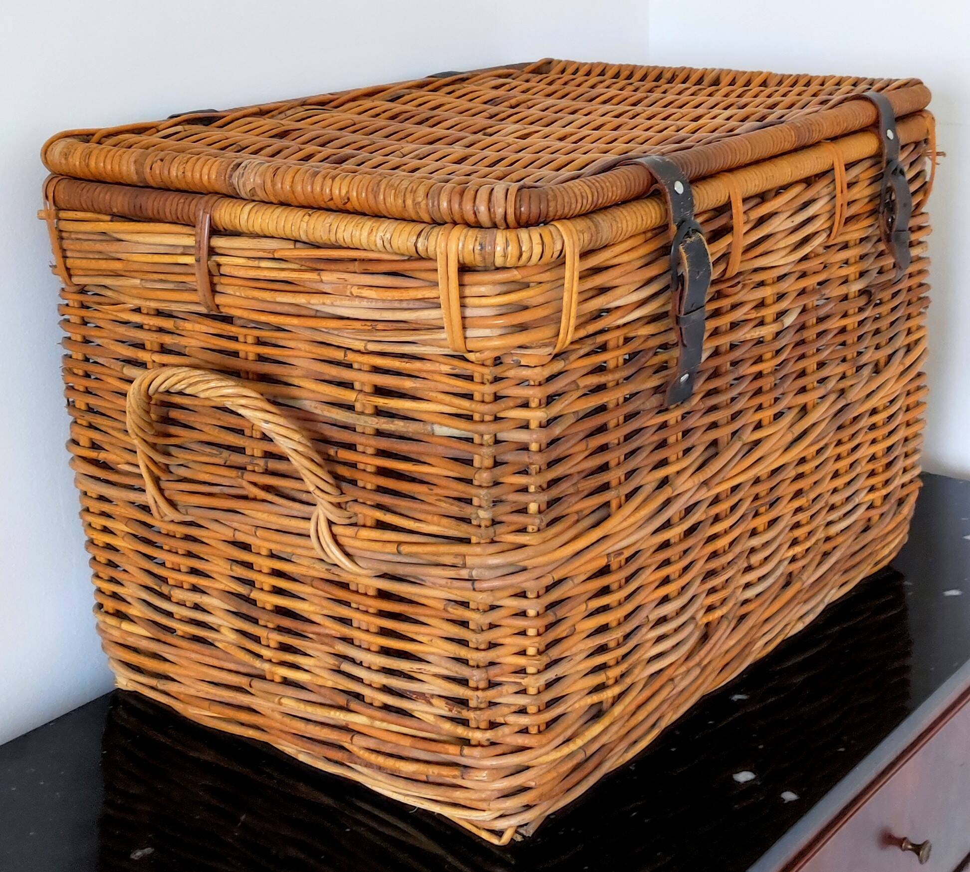 Wicker, rattan & leather travel trunk