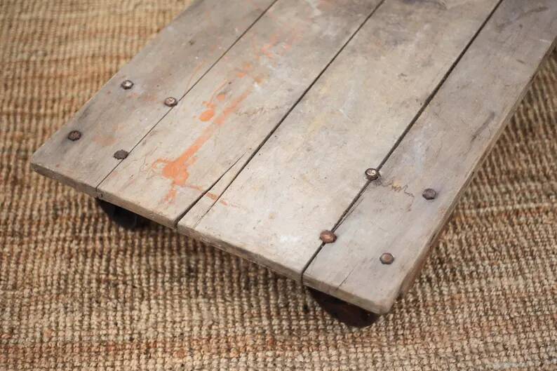 Vintage trolley coffee table, industrial wooden table on wheels, decor.