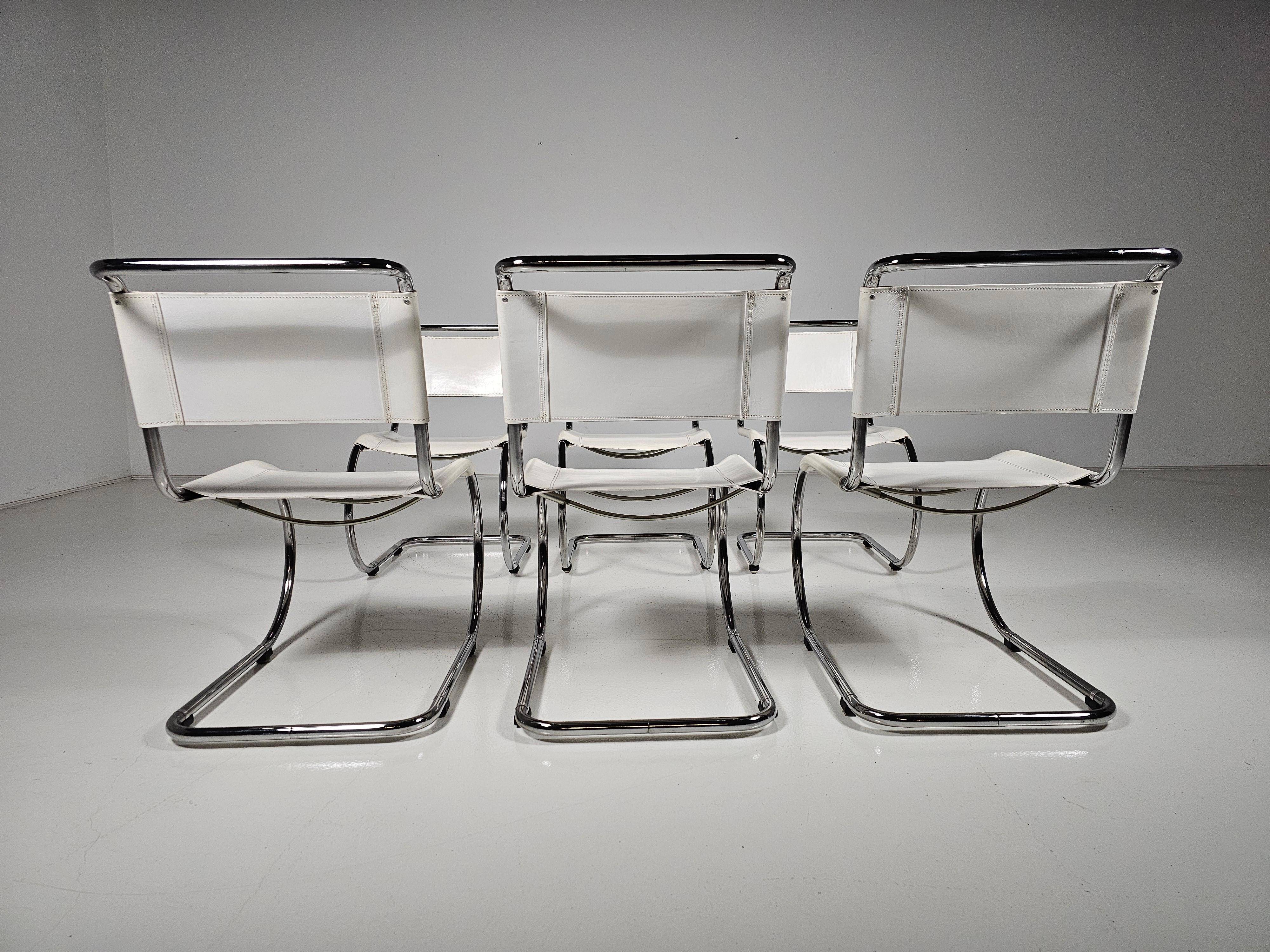 Set of 6 white cantilever dining chairs MR10 by Mies van der Rohe for Thonet, 1980s.