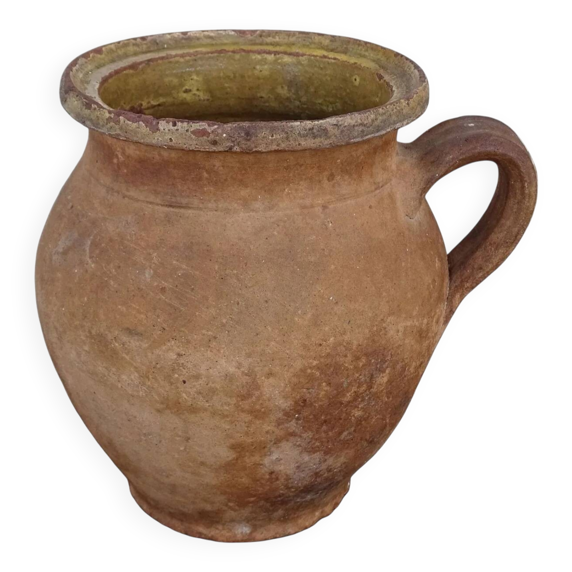 Cruche ancienne française en terre cuite à intérieur émaillé jaune