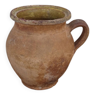 Cruche ancienne française en terre cuite à intérieur émaillé jaune