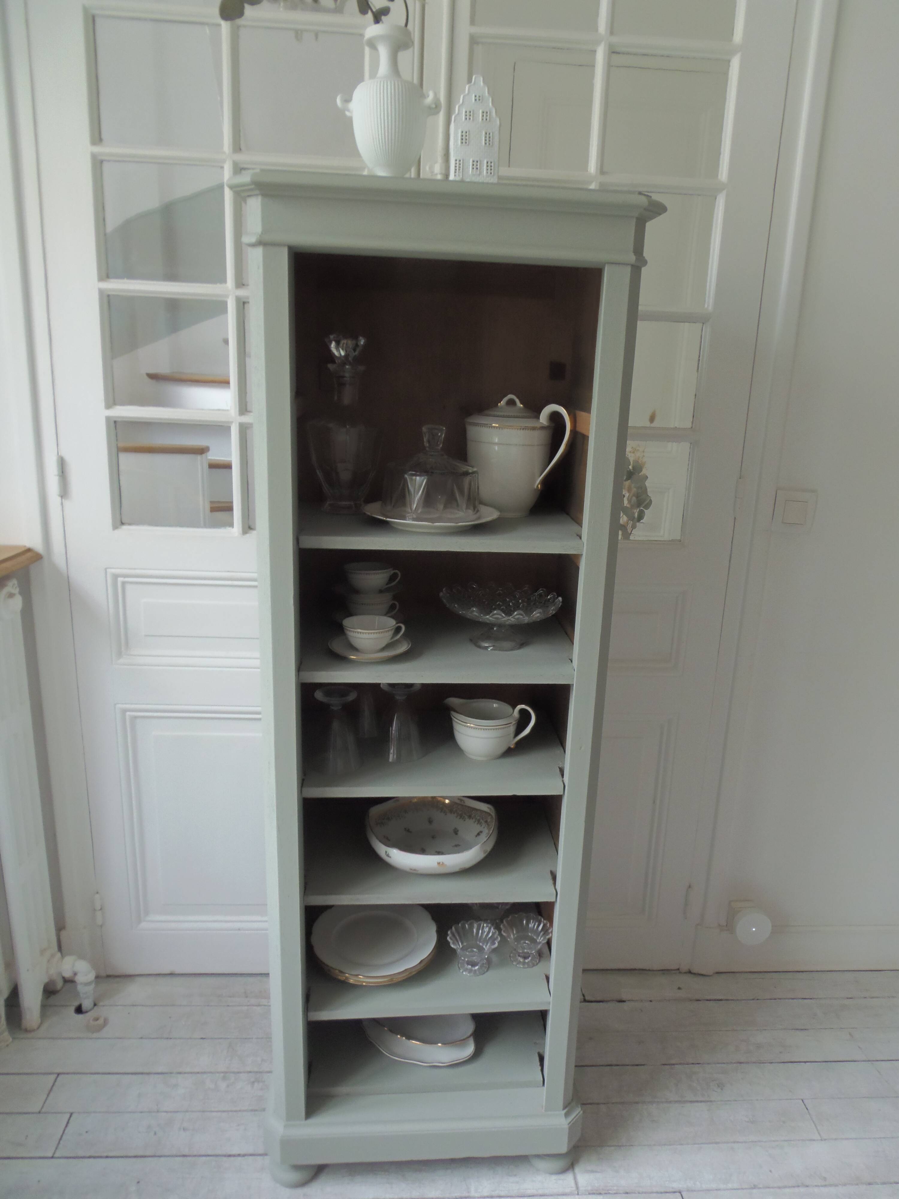 Bookcase, vintage dresser re-enchanted in verdigris waxed finish.