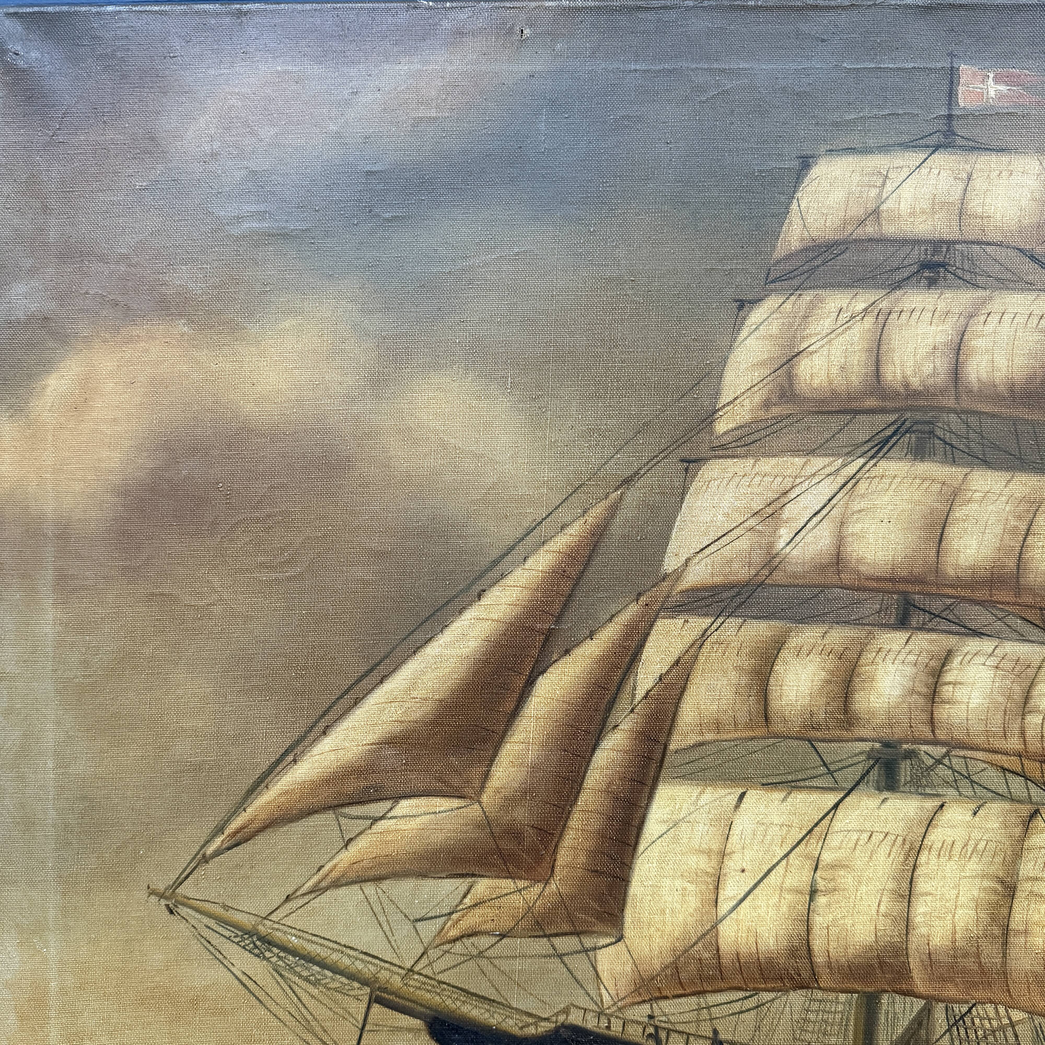 Large old oil painting of a ship