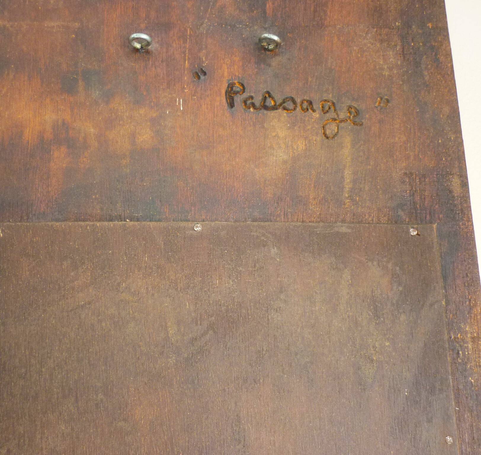 Carved wooden mirror, signed P. Guallino, "le passage", brutalist design from the 80s