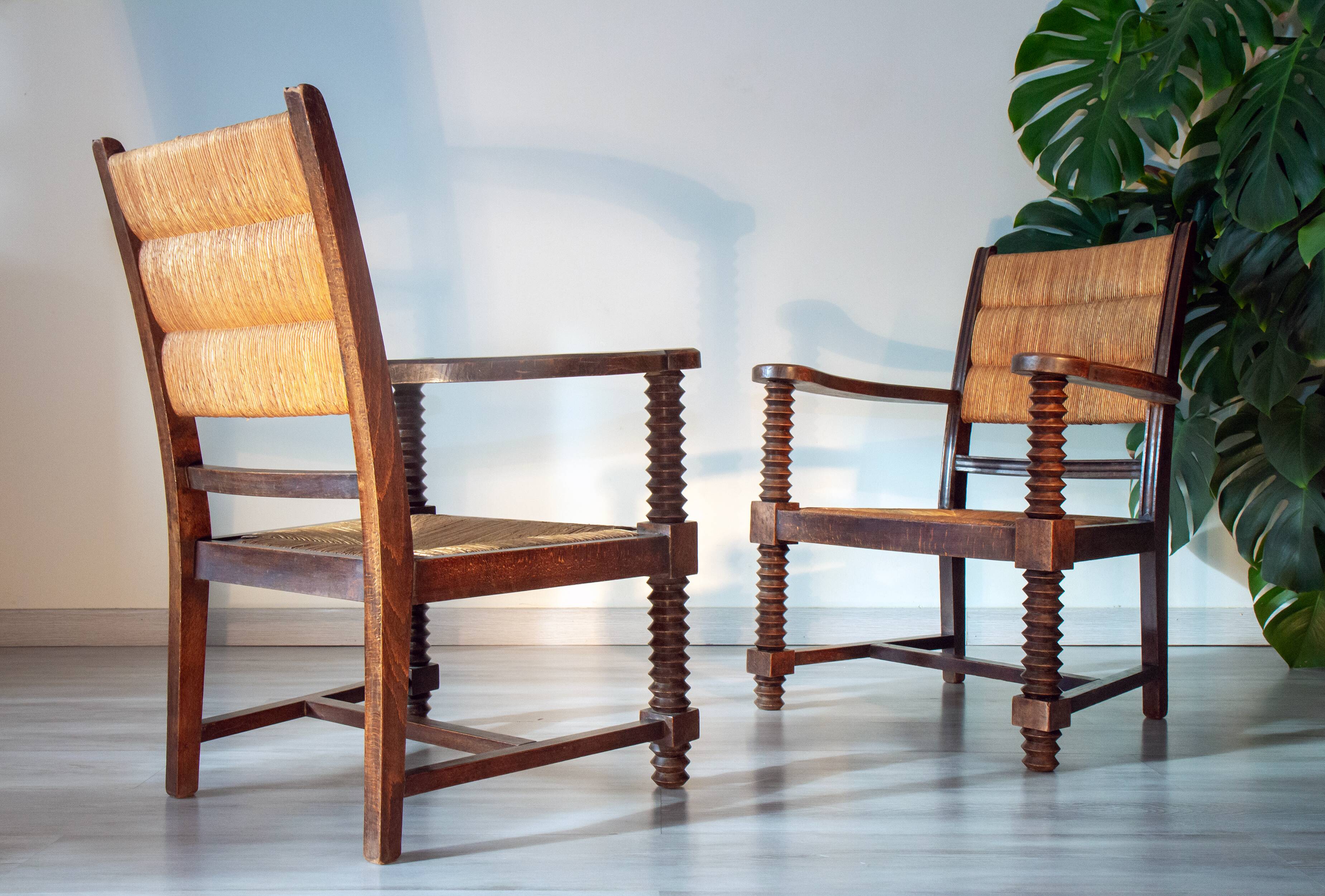 Armchair in oak and rush, brutalist style, designed by Charles Dudouyt, 1940s