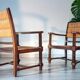 Armchair in oak and rush, brutalist style, designed by Charles Dudouyt, 1940s