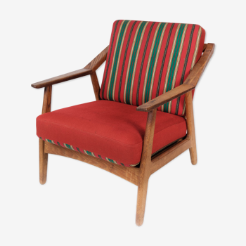 Fauteuil en chêne et rembourré de tissu rouge, conçu par H. Brockmann Pedersen, années 1960