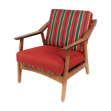 Armchair in oak and upholstered with red fabric, designed by H. Brockmann Pedersen, 1960s