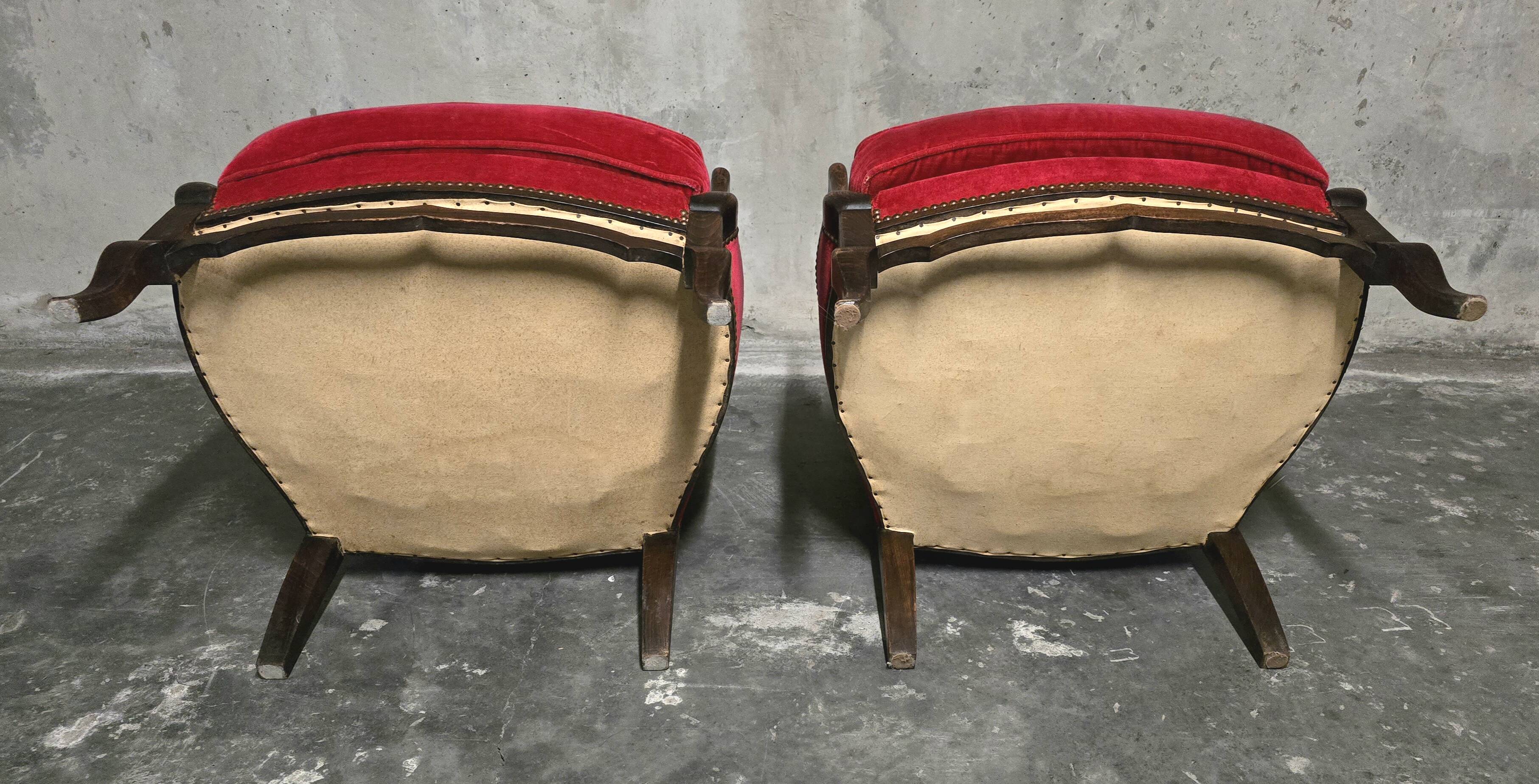 Pair of Louis XV style bergère armchairs in red velvet.