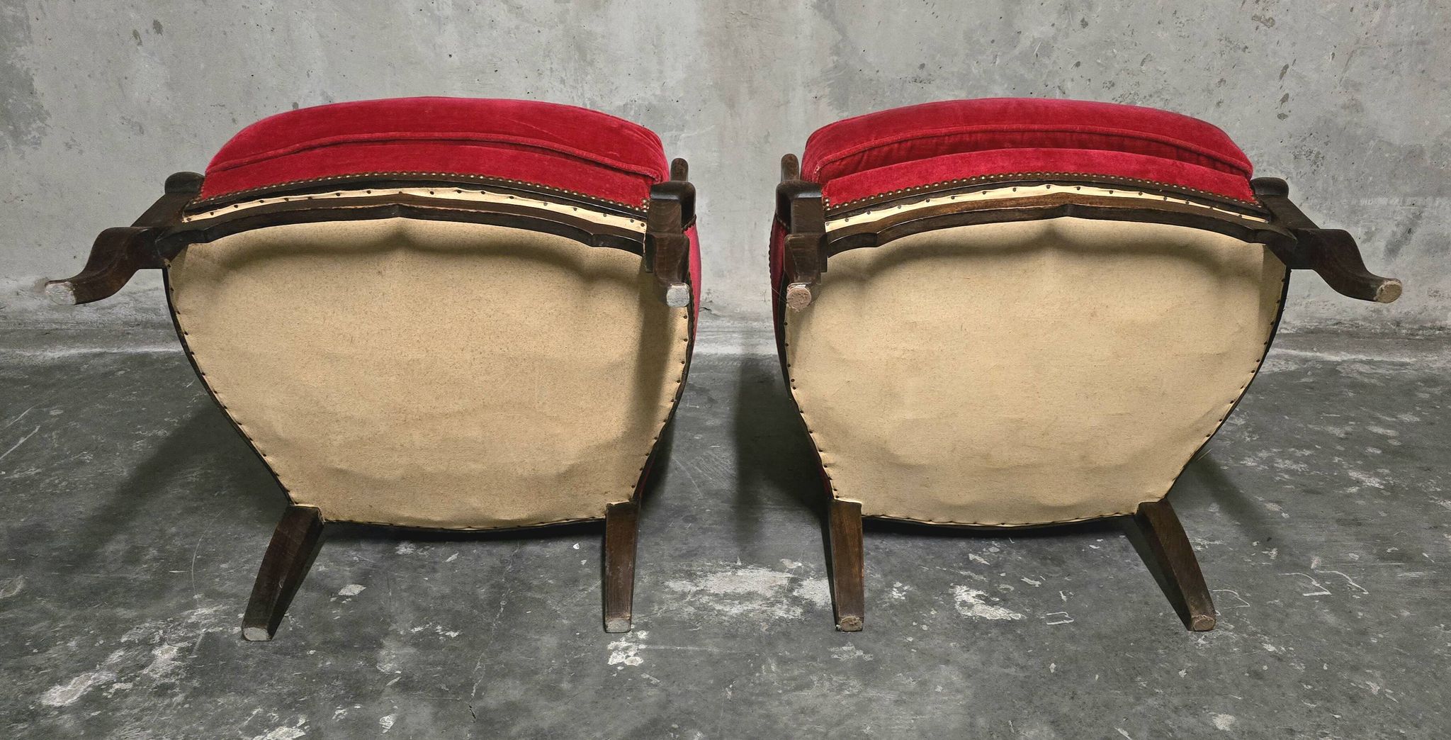 Pair of Louis XV style bergère armchairs in red velvet