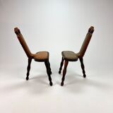 Set of 2 mid century brutalist oak tripod stools, 1960s