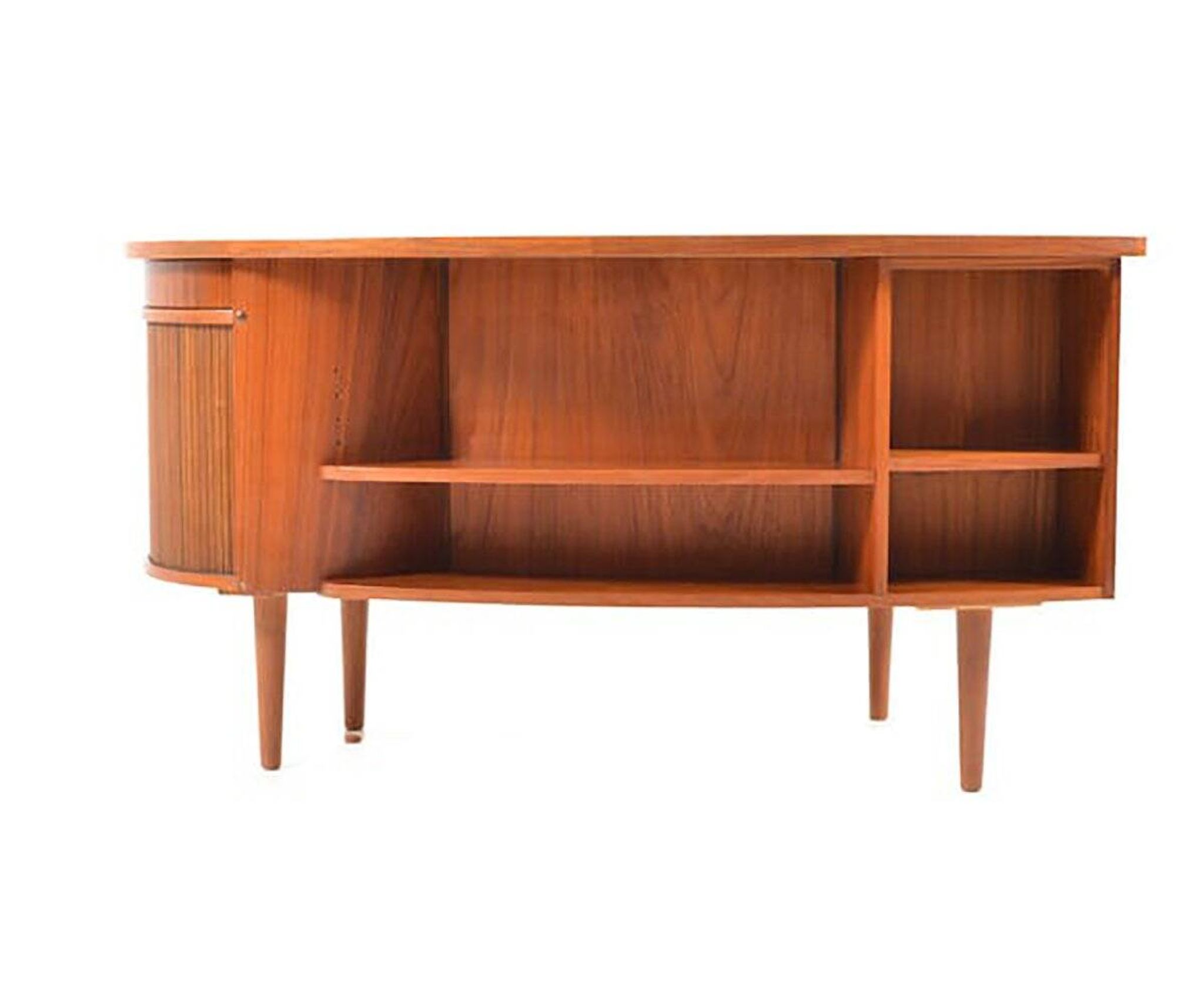 Danish teak kidney desk from the 1950s — organic shape and drum.