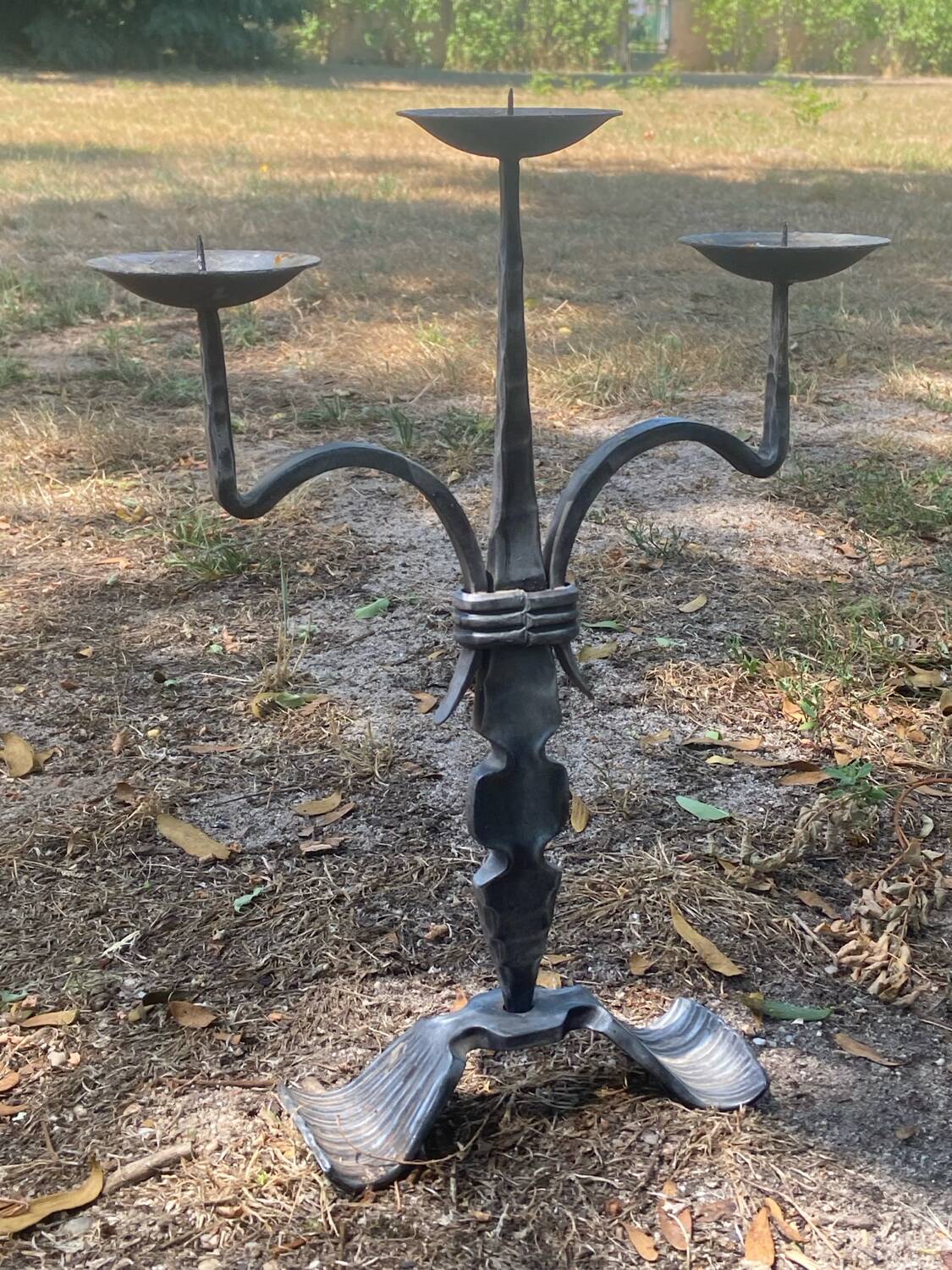Large brutalist candlestick in handcrafted wrought iron