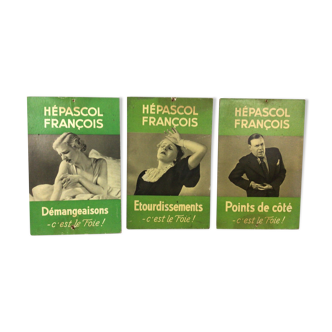 Set of 3 advertising cards Hepascol François