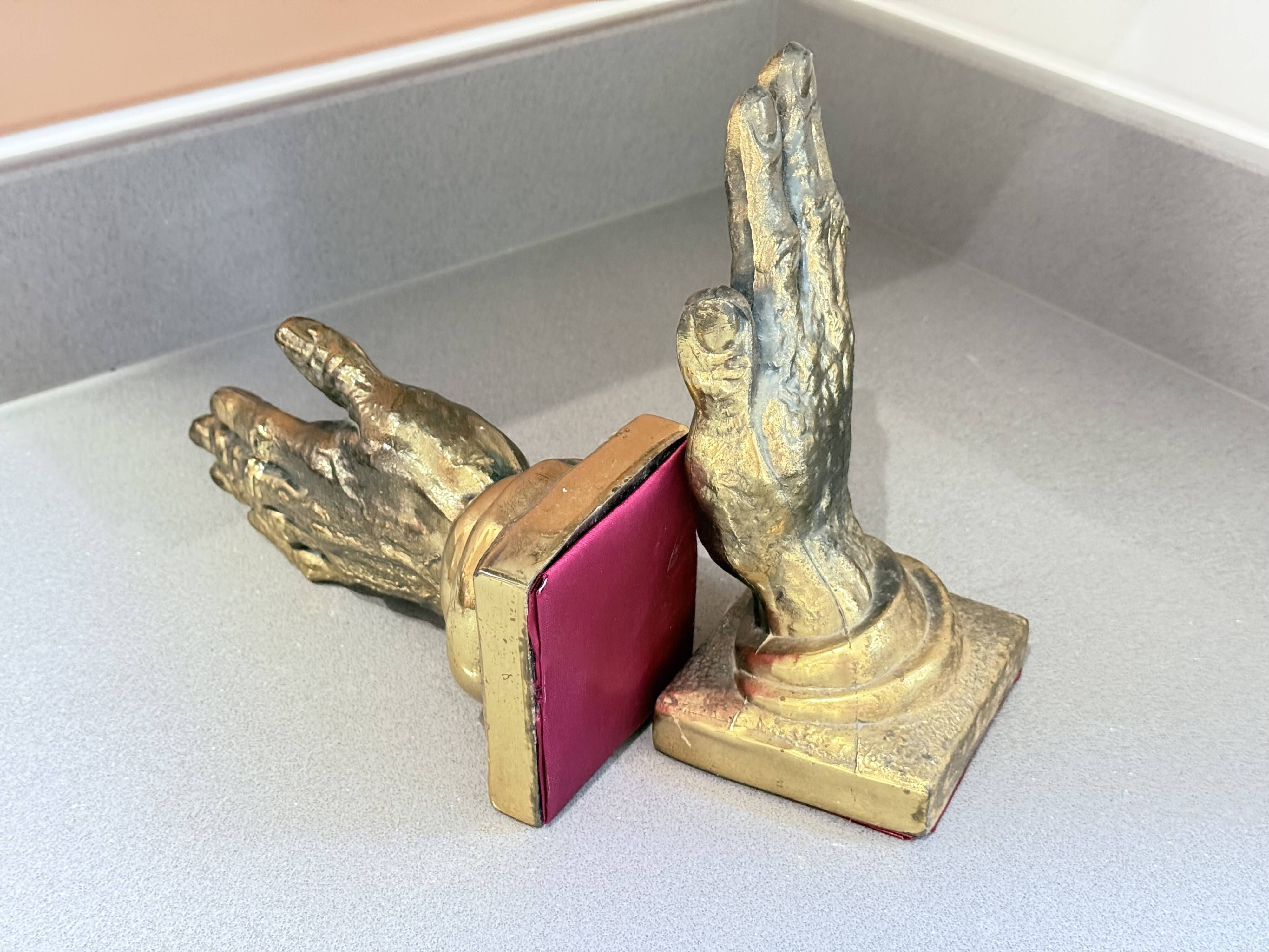 Vintage Gold-Tone Bookend Praying Hands Decorative Bronze Sculptural Book Holder