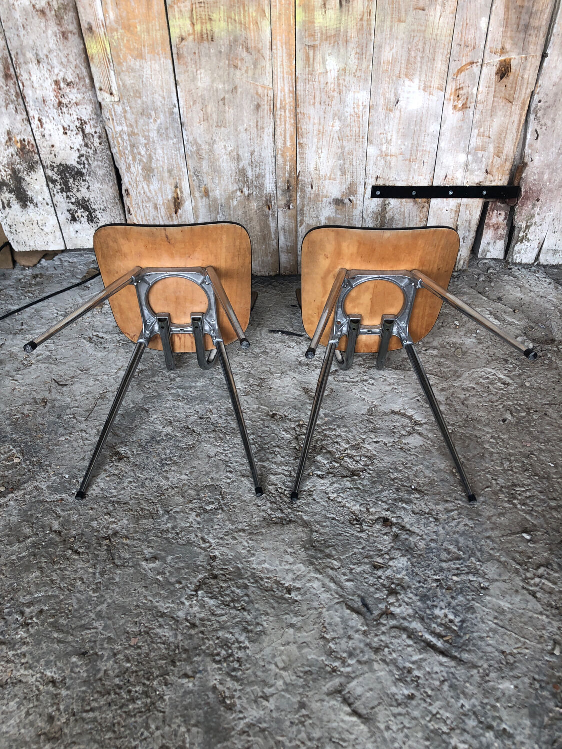 Pair of tublac chairs compass legs chrome metal formica wood vintage #a241