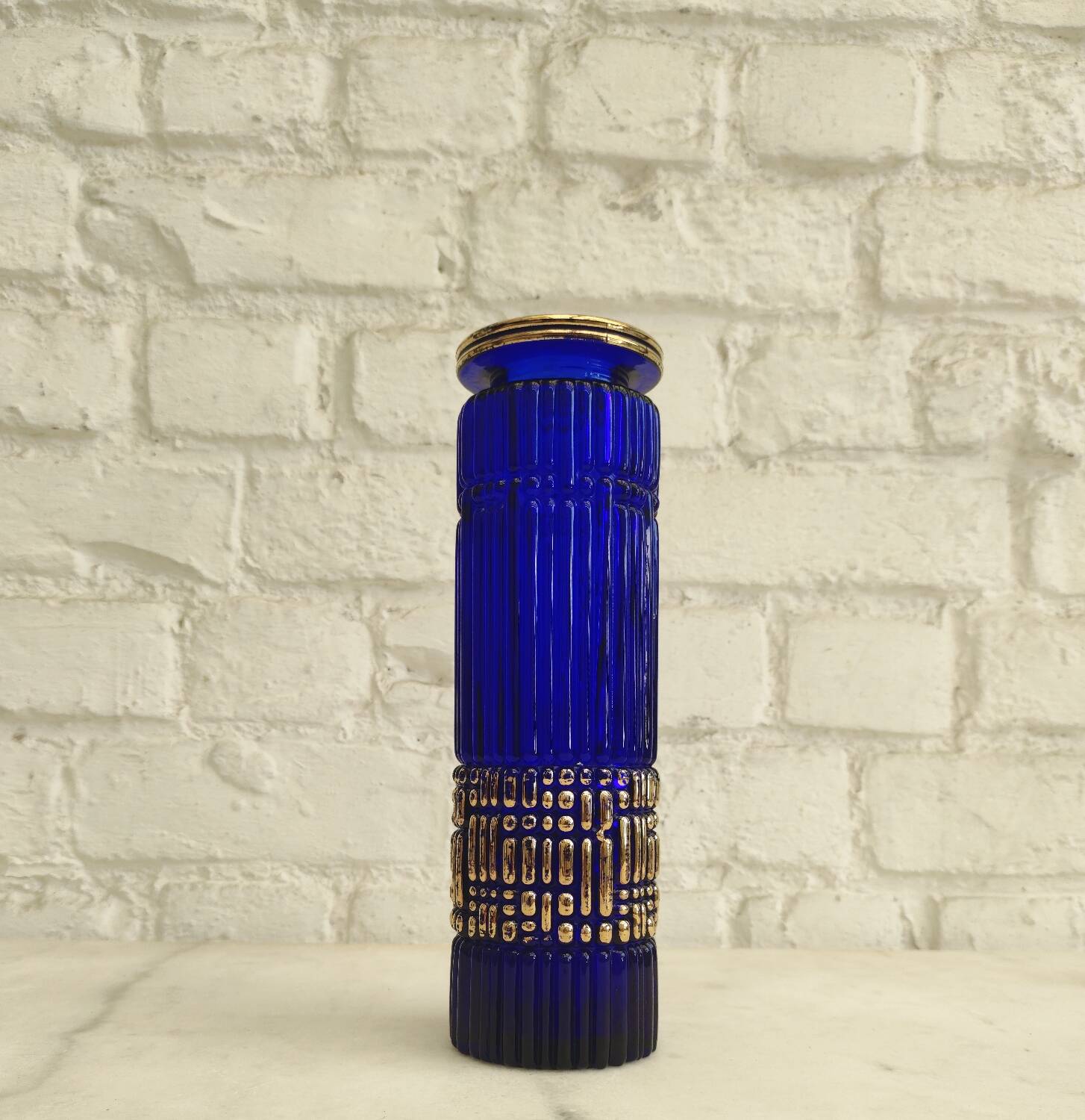 Vintage cobalt blue and gold vase - August Walther & Söhne 1950