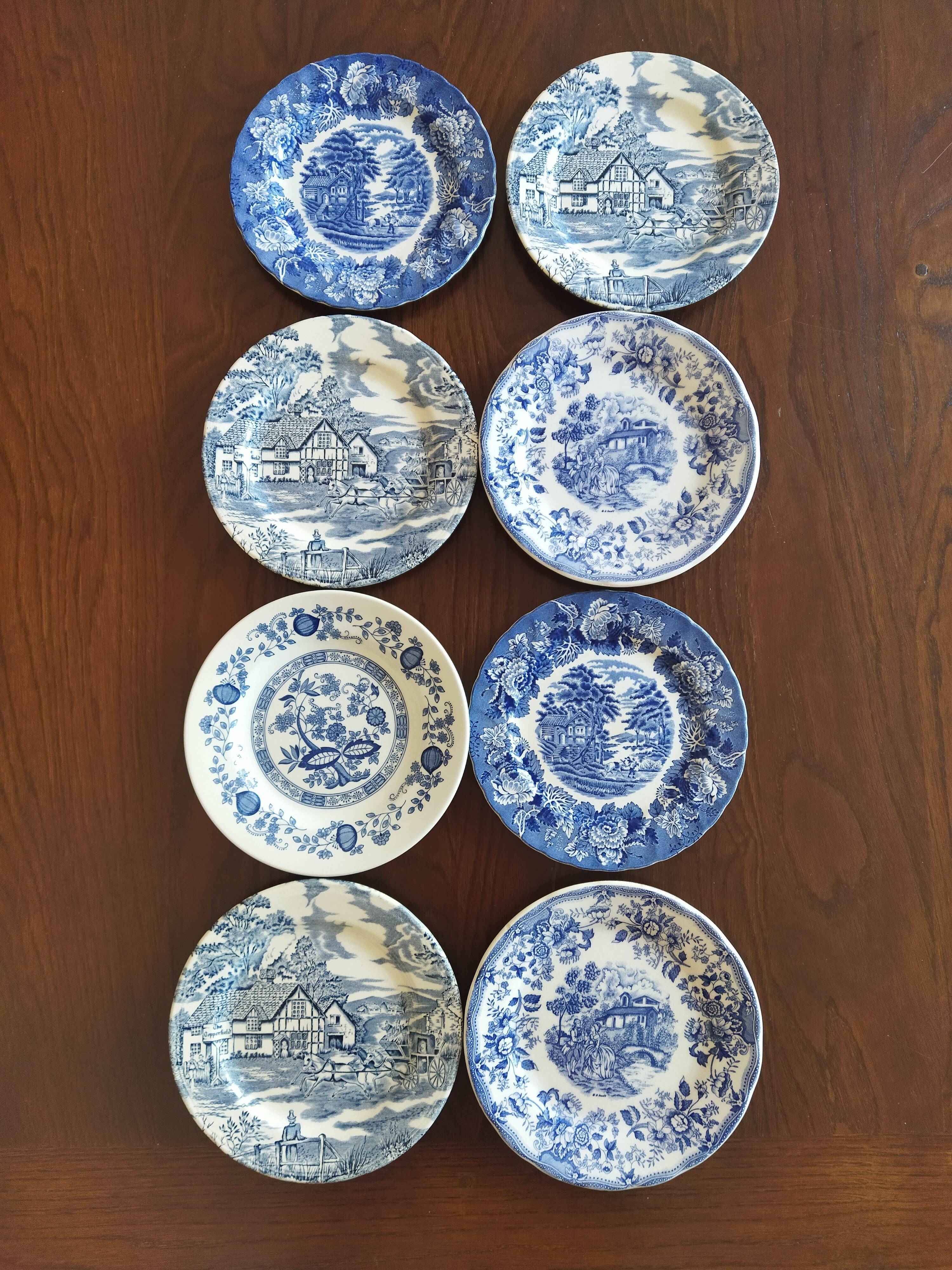 8 assiettes à dessert bleu & blanc Enoch Wood, Churchill & Lunéville