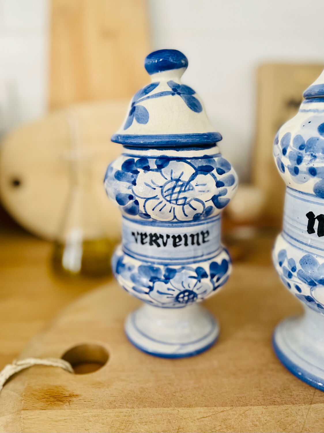 Set of two vintage painted ceramic apothecary pots