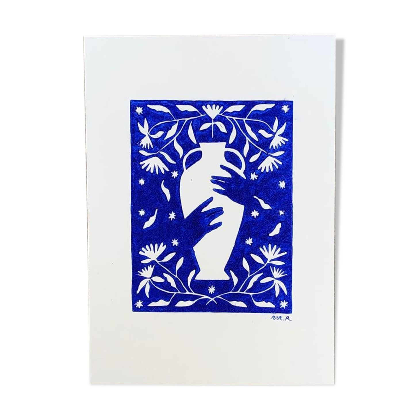 Linogravure "les mains bleues"