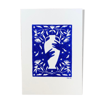 Linogravure "les mains bleues"